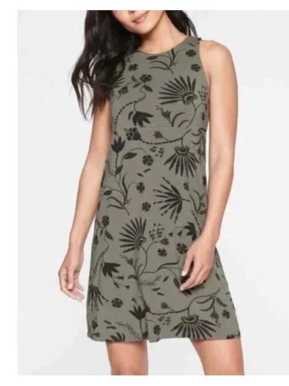 Athleta Dress Womens XL Santorini Sleeveless Stretch Jersey Gray Black Floral